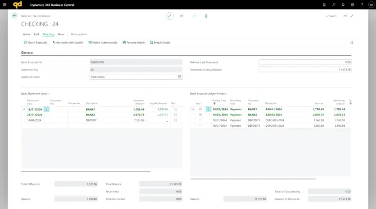 Business Central bank account reconciliation