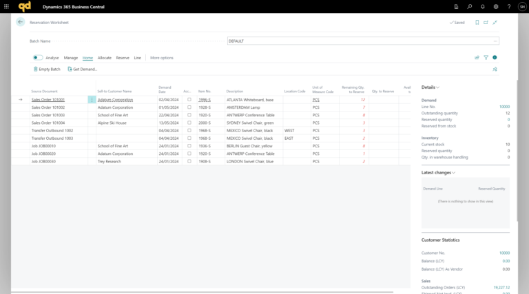 Business Central reservation worksheet